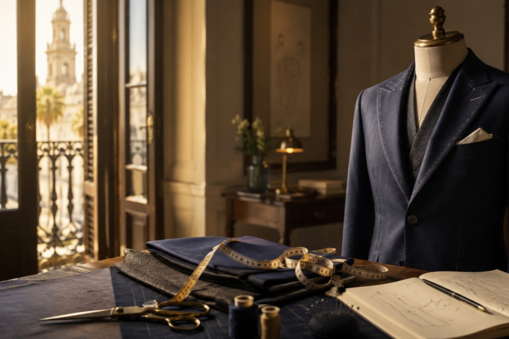 Sastrería a medida en Sevilla con traje de lana natural y detalles de confección artesanal